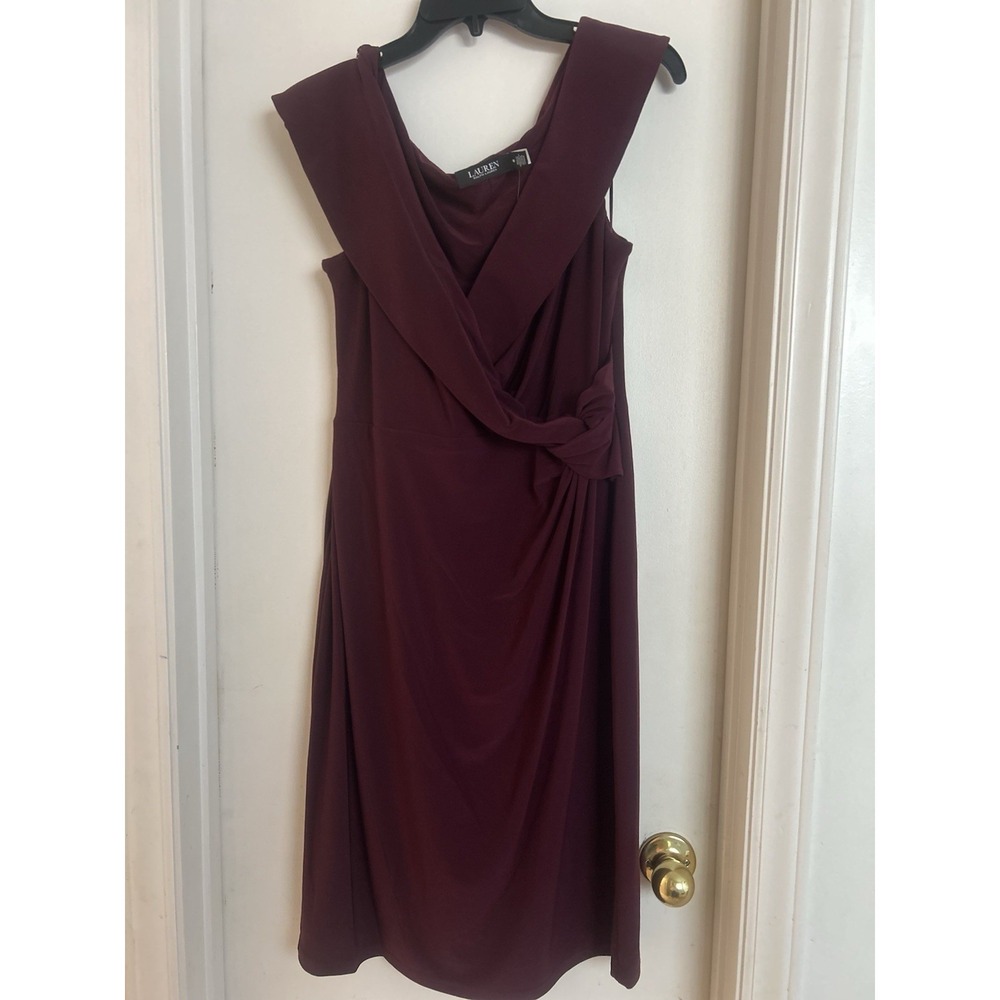 Ralph Lauren Women's Burgundy Dress Plunging Neckline W/side Zip Size 16 NWT